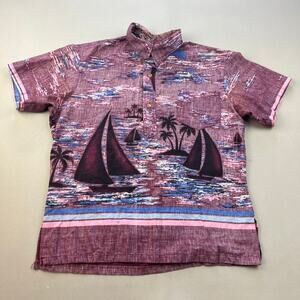 Vintage Hawaiian Shirt Adult Small Maroon Button Up Sailboat Island Beach 80s